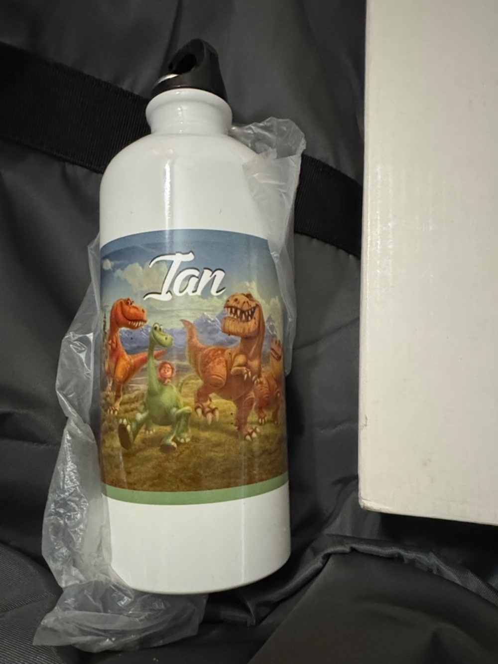 Personalized White Kids Water Bottle with Dinosaur Design - Name 'Ian'